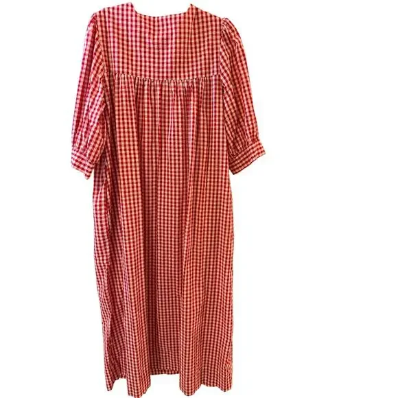 Vintage Red Gingham Prairie Dress | Smocked Cottagecore Housedress - Picture 4 of 4